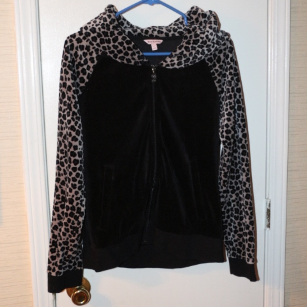 JUICY COUTURE BLACK LEOPARD HOODIE SZ L EUC
